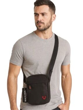 True Religion Men’s Black Logo Crossbody Bag Small Shoulder Sling Travel
